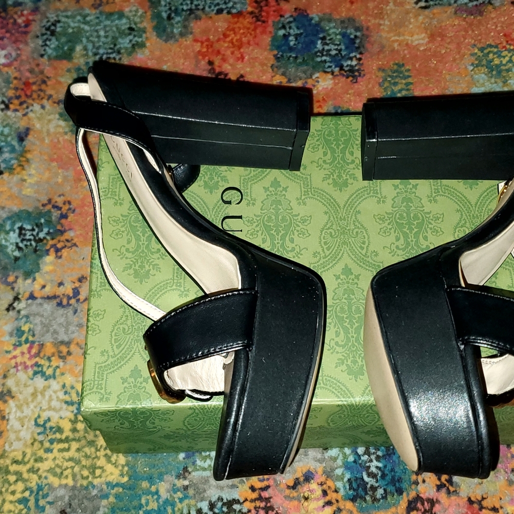 Gucci Black GG Marmont Ankle Wrap Platform Sandals - Picture 9 of 10